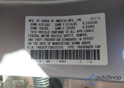 2013 Honda Accord Ex from USA, damaged, VIN 1HGCR2F70DA252030